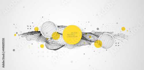 Abstract scientific and technical background. Frame wave with the inclusion of spheres.