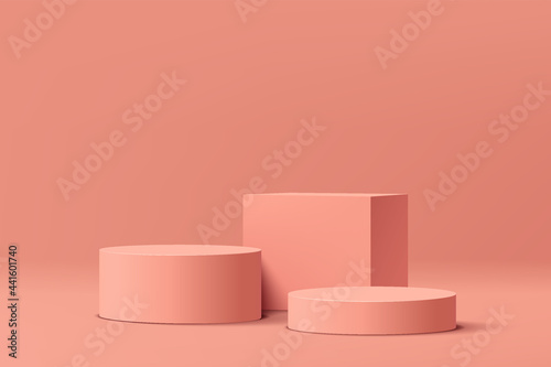 Pink coral geometric pedestal podium. Pink minimal wall scene. A modern platform for the showcase. Pastel color abstract room. Vector rendering 3d geometric shape for product display presentation.