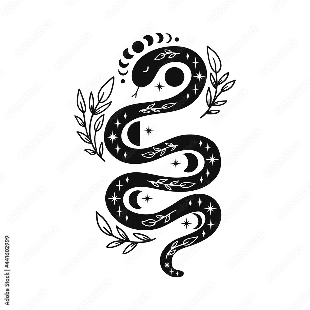 Fototapeta premium Mystical snake with moon phases and floral elements.