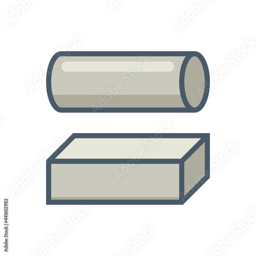 Metal or steel rod bar vector icon.
Round and square profile shape.
That alloy of iron from steel production industry and metallurgy.
For sawing, turning, milling, drilling and grinding to product.