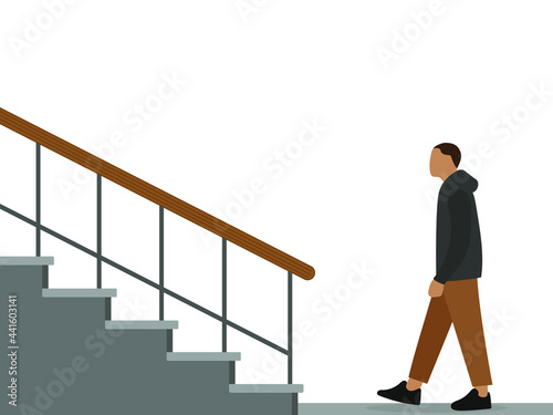 Male character walking towards the stairs on a white background