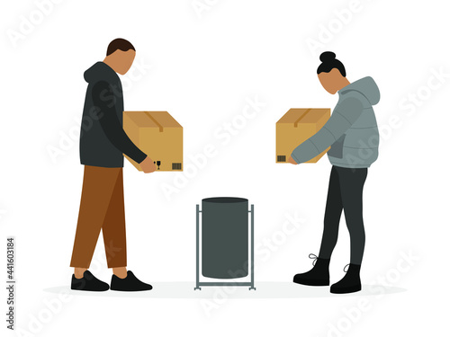 Female character and male character with cardboard boxes in hands near trash can on white background