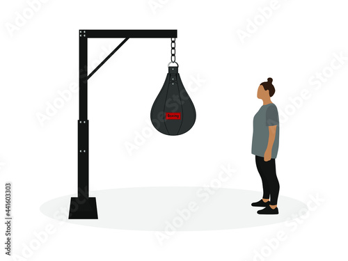 Female character in sportswear looking at punching bag isolated on white background