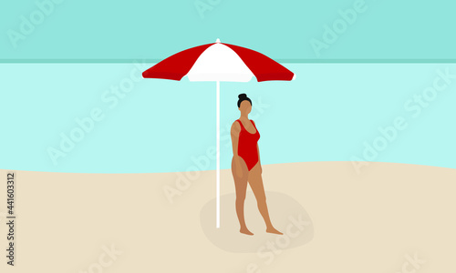 Female character in a red swimsuit stands under an umbrella on the beach