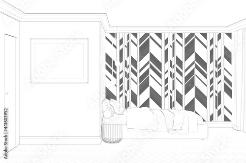 Sketch of the modern bedroom with a horizontal poster on the wall by the door, a bedside table by the bed, and decorative wall panels with accents. Front view. 3d render © gamespirit