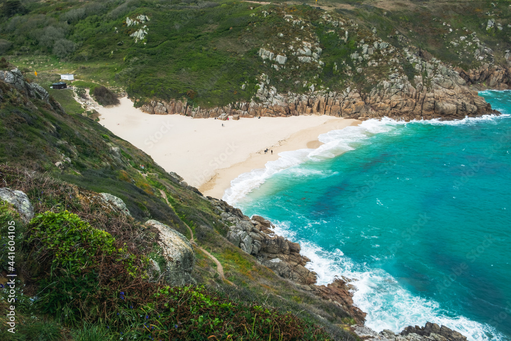 View of Porthcurno Beach, Cornwall from the top of the coastal trail.