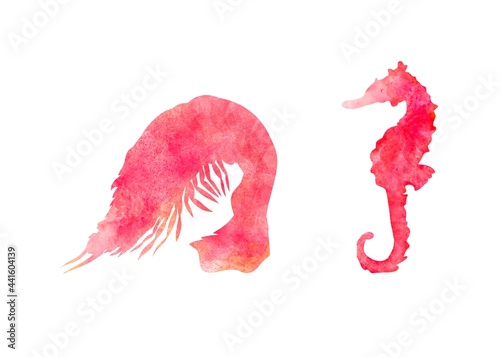 Set of three aquarelle red sea animals on white background hand-drawn digital illustration: shrimp and seahorse