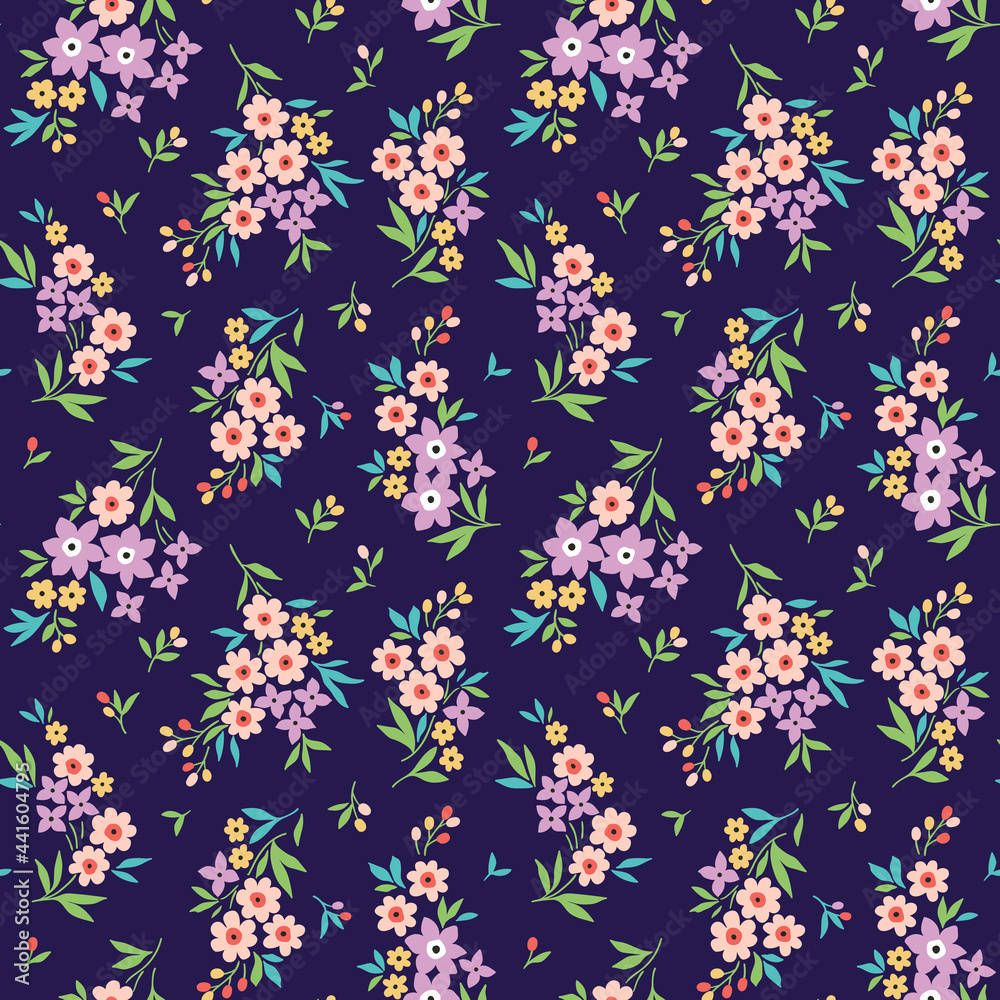 Seamless floral pattern. Ditsy background of small colorful  flowers. Small-scale flowers scattered over a blue violet background. Stock vector for printing on surfaces and web design.