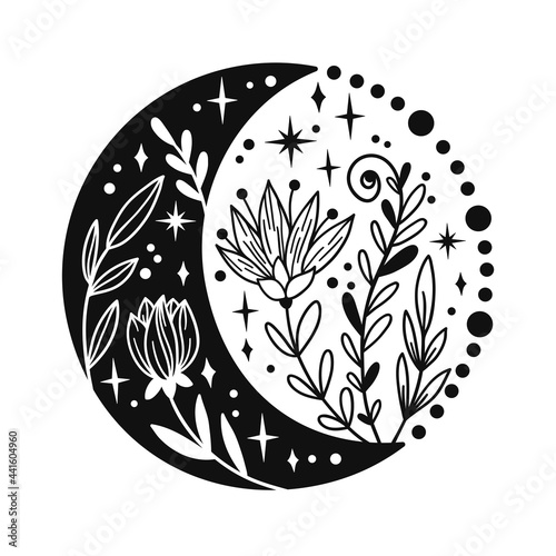 Hand drawn crescent moon with flowers and floal elements.