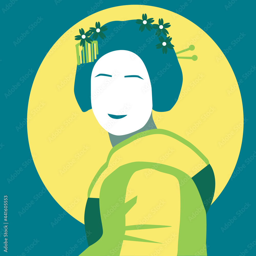 Minimalistic vector portrait of a geisha in green and yellow colors. Japan. Flat illustration Minimalistic vector portrait of a geisha in green and yellow colors. Japan. Flat illustration