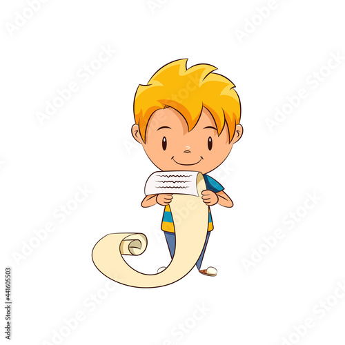 Kid reading long list, happy cute child