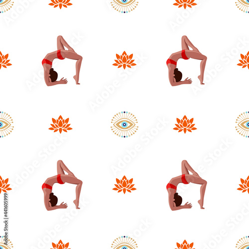 Vector seamless pattern. Women are doing yoga. Lotus flowers. Active healthy lifestyle. Flat style illustration.