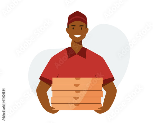 Smiling Afro American pizza delivery man  with pizza boxes in his hands. Food home delivery. Vector illustration cartoon flat style.