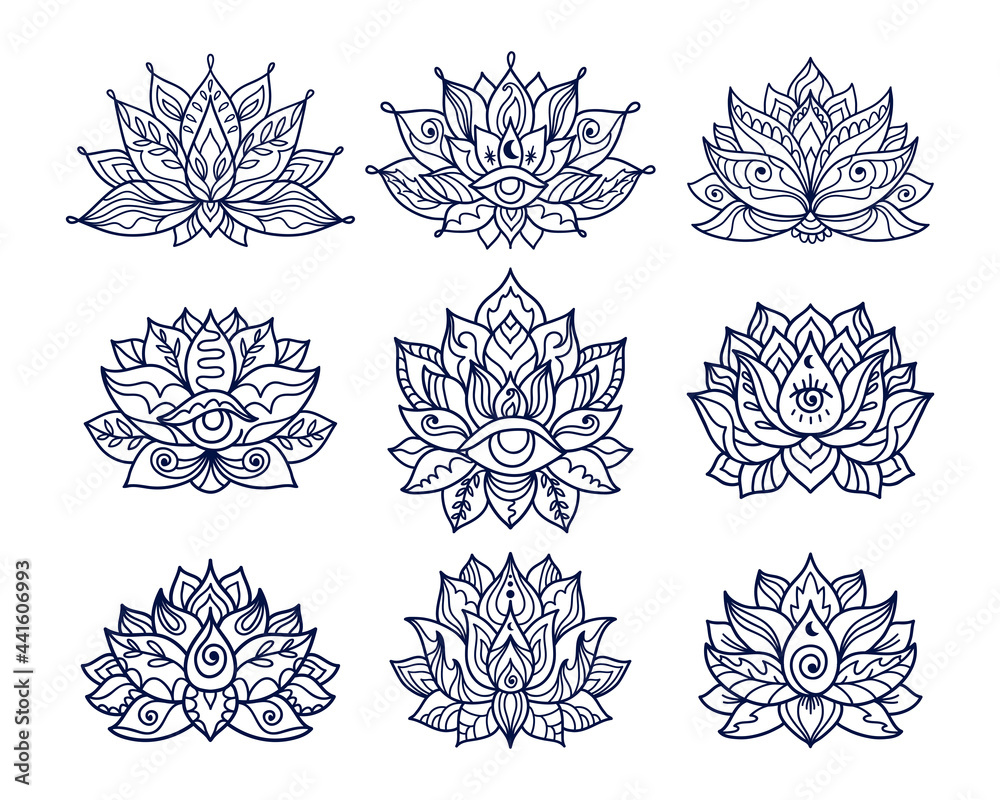 Set of hand drawn lotus flower tattoo designs with third eye Stock ...