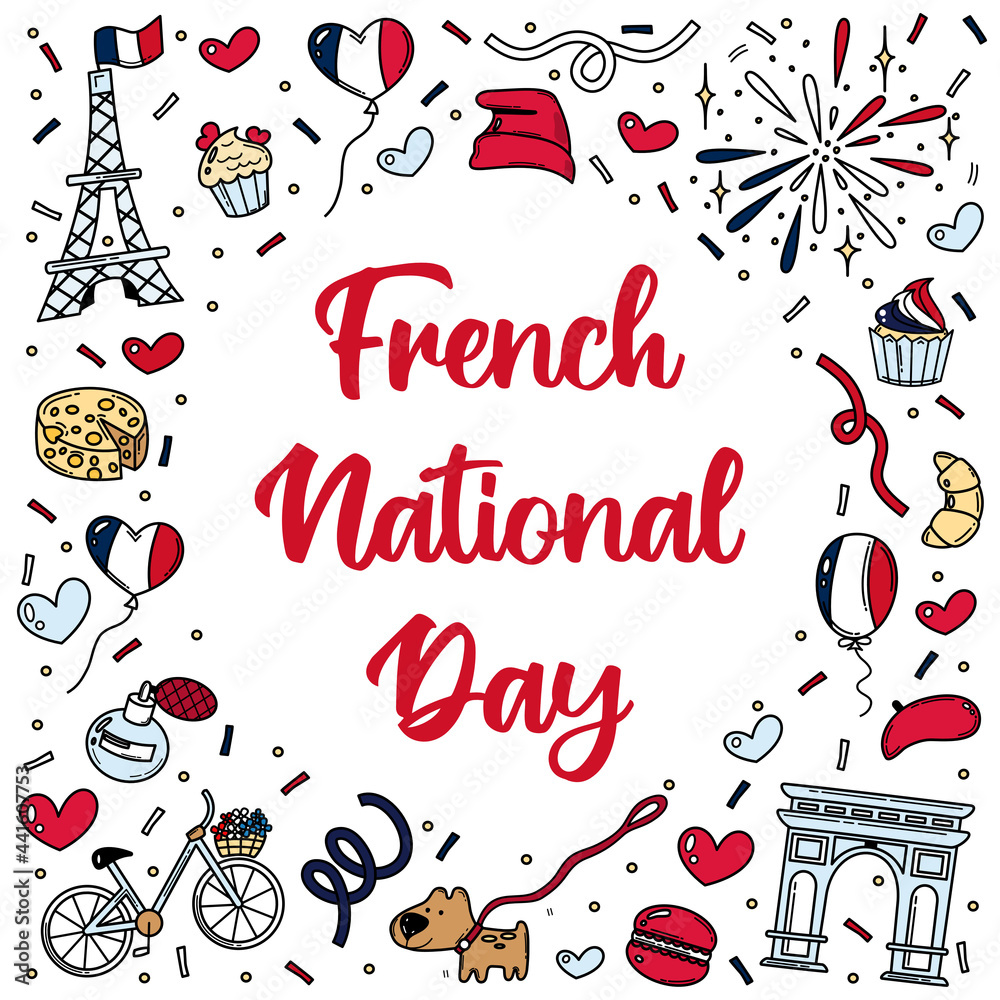 French National Day greeting card, banner or poster with hand drawn