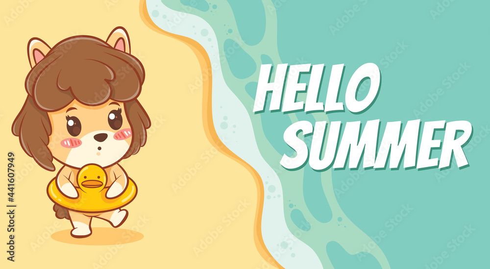 cute puppy and swimming ring with a summer greeting banner.