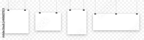Blank hanging paper sheet with blinder clip, vector set. Empty white photo frame mockup: poster,  banner, square. Realistic picture hanging. Concept art gallery canvas portfolio. Isolated illustration