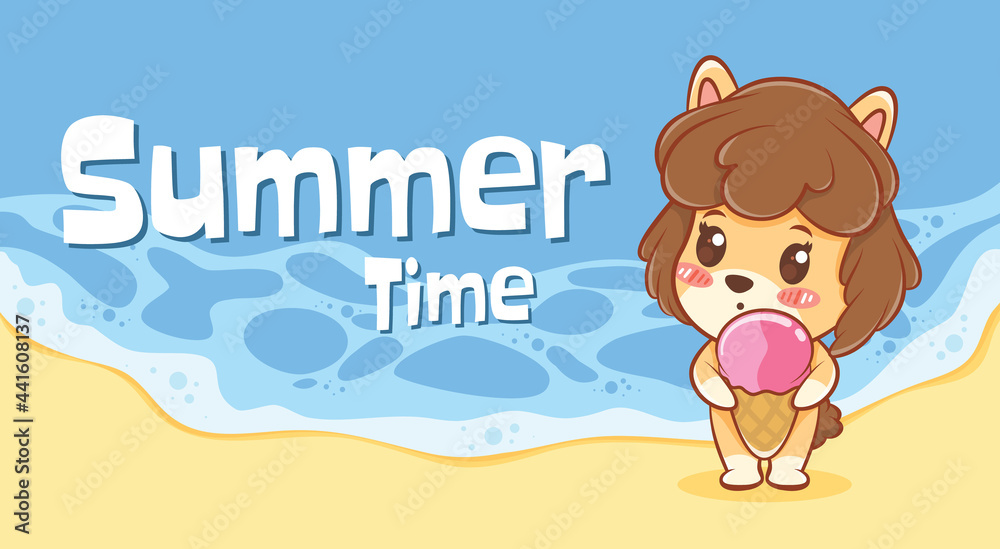 cute puppy hugging ice cream with a summer greeting banner.