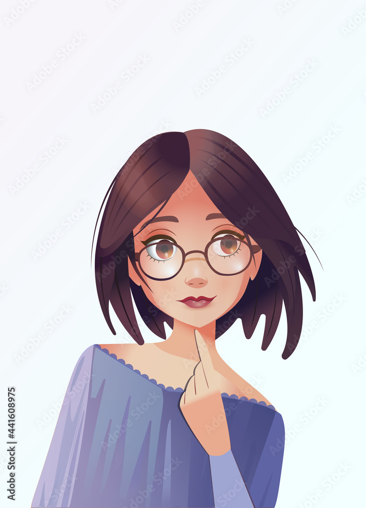 Fototapeta premium Curious young woman looking in the distance. Isolated illustration on white background.