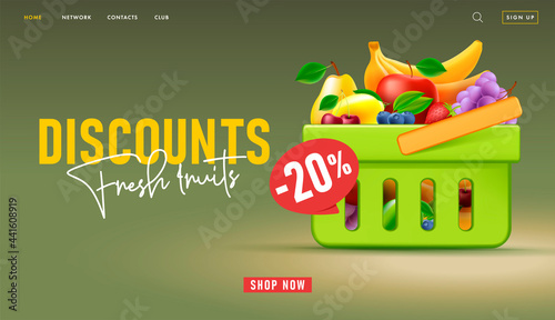 Web banner for supermarket landing page with 3d illustration of shopping basket full of fruits with discount