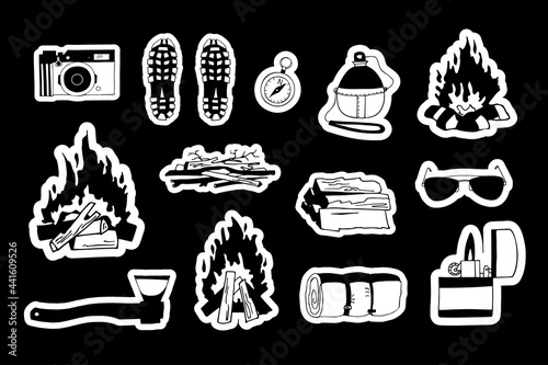 Sticker pack. Collection of camping stickers. Monochrome vector hand drawn illustrations. Campfire bundle. Boots sleeping bag compass sunglasses camera reusable bottle lighter axe