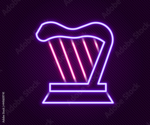 Glowing neon line Harp icon isolated on black background. Classical music instrument, orhestra string acoustic element. Colorful outline concept. Vector