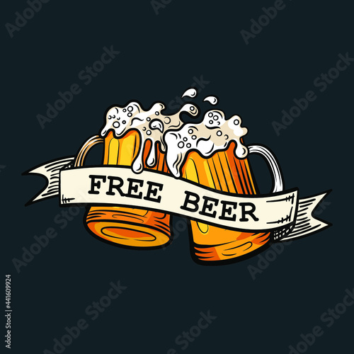 Vector Free Beer banner template, vintage style drawing, retro logo, promotion concept, beer mughs, cheers.
