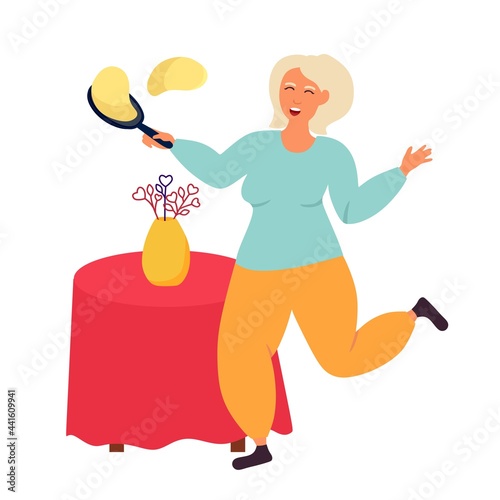 Old people grandma bakes pancakes. Pensioners are athletic. Vector illustration isolated on a white background.