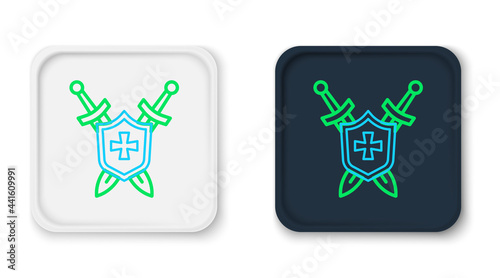 Line Medieval shield with crossed swords icon isolated on white background. Colorful outline concept. Vector