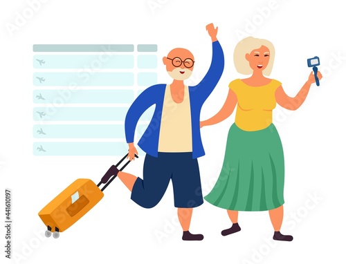 Old people grandparents travel and blog. Pensioners at the airport. Vector illustration isolated on a white background.