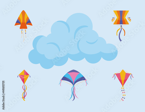 kites icon set with cloud