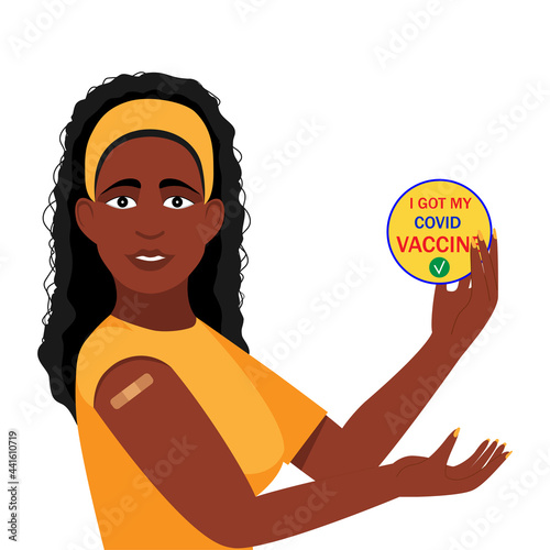 African american woman vaccinated against covid-19. I got my covid vaccine. For web page and vaccination centre. Vector illustration.