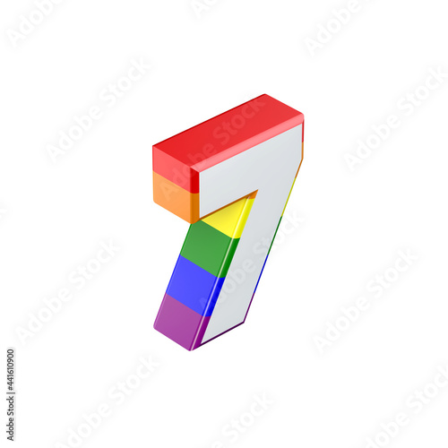 Isometric number 7 gay pride rainbow flag font. 3D Rendering