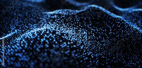 青のパーティクル。抽象的な技術の背景。コンピューターマトリックス。粒子の未来的なサイバー背景