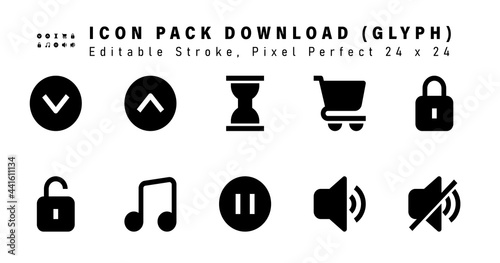 Icon Set of Download Glyph Icons. Contains such Icons as Lock, Unlock, Music Note, Pause etc. Editable Stroke. 24 x 24 Pixel Perfect