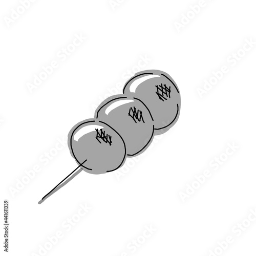 Hand drawn illustration of Japanese sweet Mitarashi dango in simple drawing 