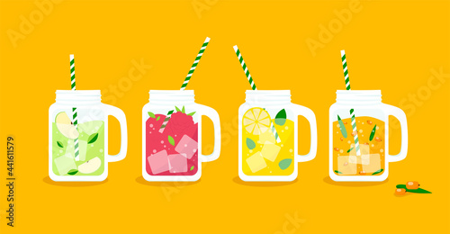 Lemonades with different tastes. Summer drinks. Vector illustration