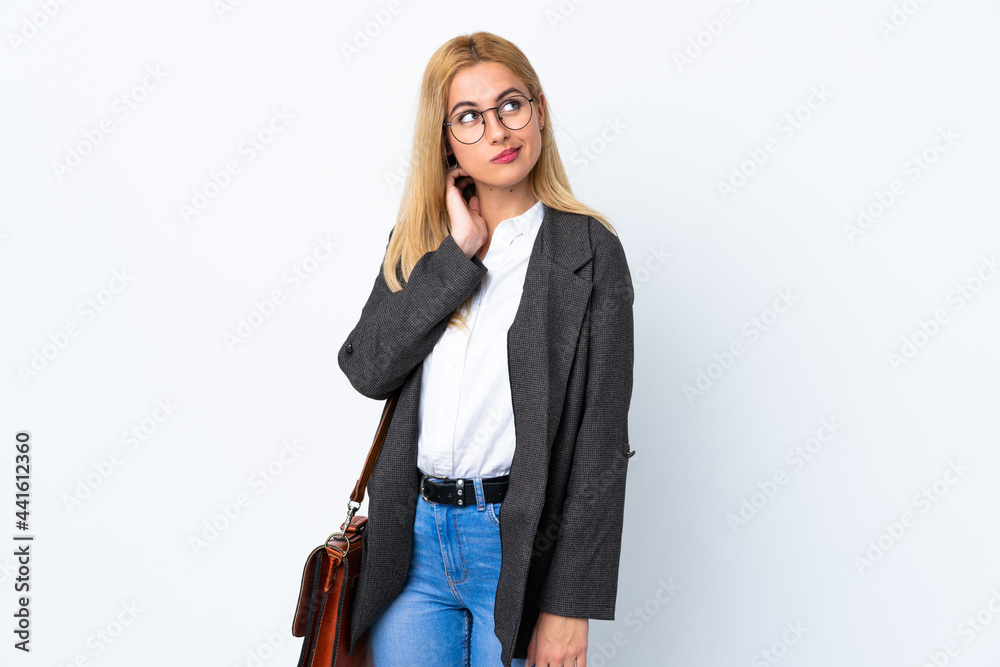 Business Uruguayan woman over isolated white background thinking an idea