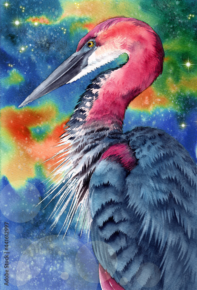 Fototapeta premium Watercolor illustration of a tricolored heron with blue and purple feathers on a dark green and blue background 