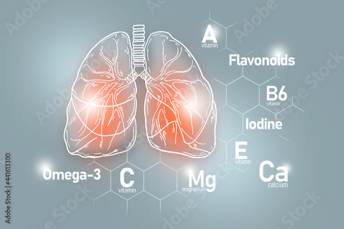 Essential nutrients for Lungs health including Omega-3, Flavonoids, Magnesium, Iodine.
Design set of main human organs with molecular grid, micronutrients and vitamins on light gray background. photo