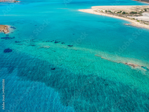 Iconic aerial view over the oldest submerged lost city of Pavlopetri in Laconia, Greece. About 5,000 years old Pavlipetri is the oldest city in the Mediterranean sea © panosk18