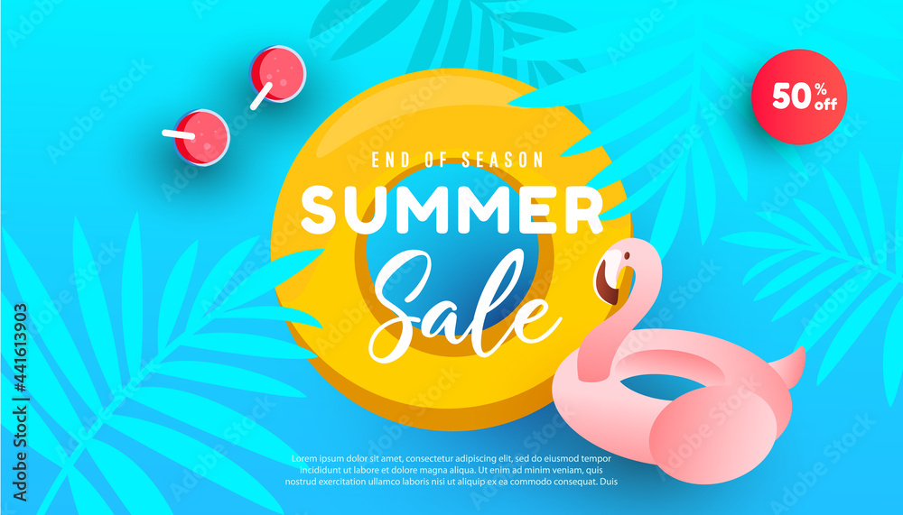Fototapeta premium Summer sale design with ocean, tropical leaves and pink flamingo inflatable circle for flyer, invitation, poster, website or greeting card.