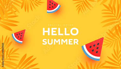 Hello summer sale banner design with tropical leaves and ripe watermelon slices on striped background for store marketing promotion.