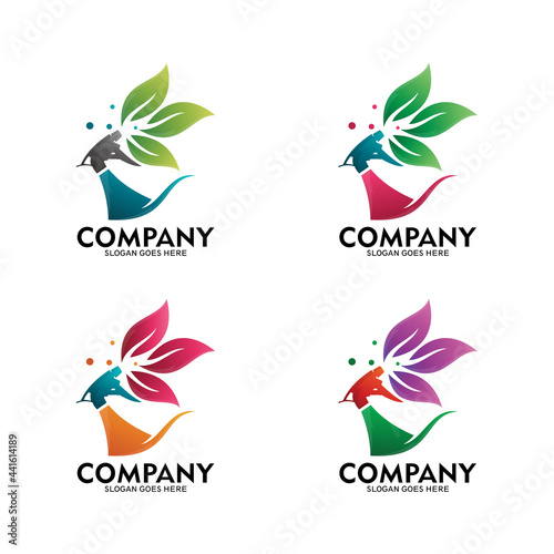 Water sprayer and green leaf logo vector.