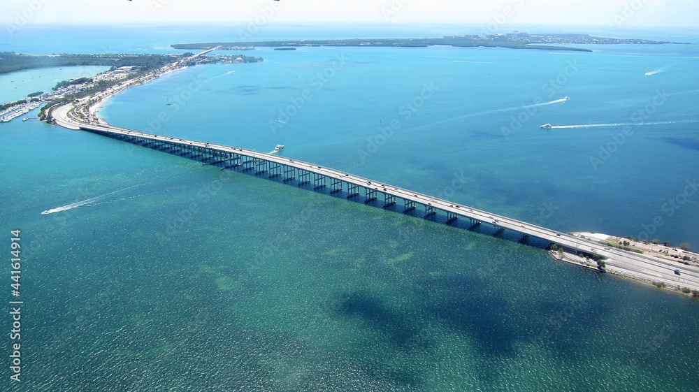 Aerial shot of Rickenbacker Causeway in Key Biscayne, Florida