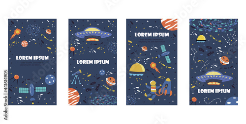 Set of space backgrounds for social media stories. Blue banners with elements of the universe. Planets and constellation,  flying saucer, telescope and ufo. Colorful vector illustration hand drawn