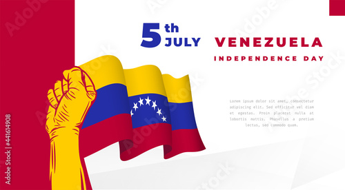 Banner illustration of Venezuela independence day celebration. Waving flag and hands clenched. Vector illustration.
