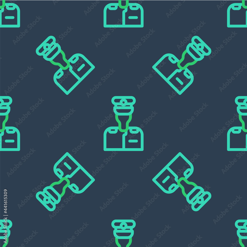 Line Captain of ship icon isolated seamless pattern on blue background. Travel tourism nautical transport. Voyage passenger ship, cruise liner. Vector Line Captain of ship icon isolated seamless pattern on blue background. Travel tourism nautical transport. Voyage passenger ship, cruise liner. Vector