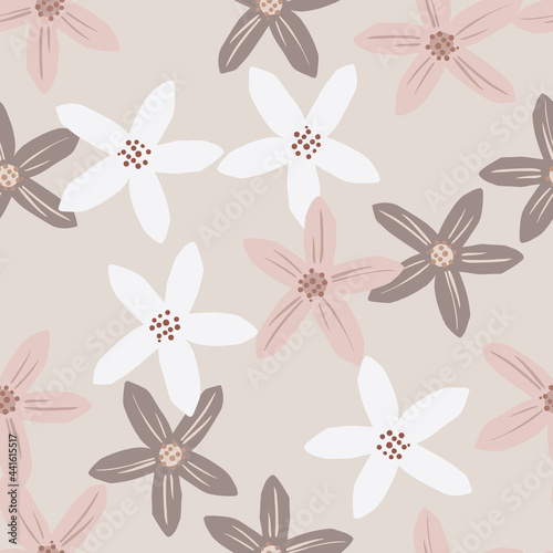 Decorative pastel tones seamless pattern with random mandarins flowers ornament. Pink colors.