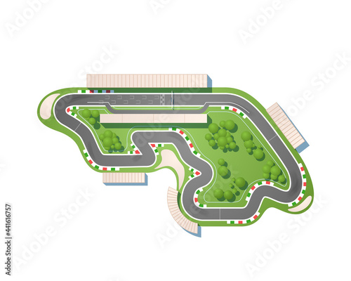 The race circuit from a top view is isolated on a white background. The racing track is including a pit lane, grandstands, boxes, trees, and gravel safety zones. photo